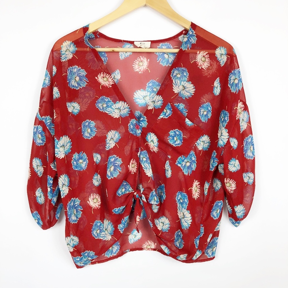 Pins And Needles Red Sheer Floral Top Size Small